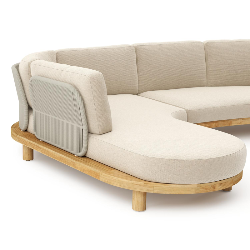 Donato loungehoek in teak en beige verticaal geweven ronde rope met all weather cosytica Althea Chalk kussen