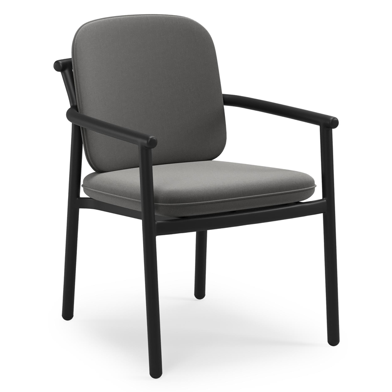 Bono stapelbare tuinstoel in zwart aluminium met stoelkussen in All Weather Sunbrella® Luxe Natte Charcoal Chine