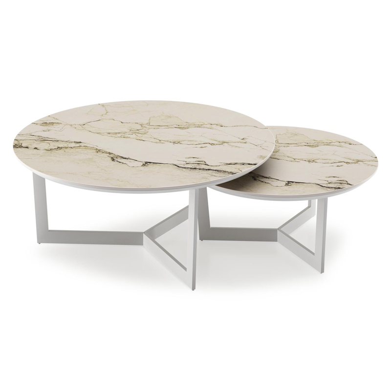 Lacrima loungetafels in wit aluminium en colorado dunes volkeramiek - Dia. 85/65 x H 35/30 cm