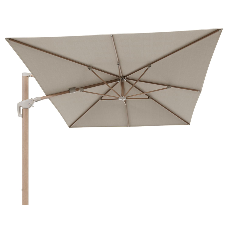 Parasol pendant Minore avec fonction tilt avec fonction tilt en aluminium aspect bois et toile de parasol beige All Weather Sunbrella Premium – Lg.1 400 x Lg.2 300 cm (sans pied