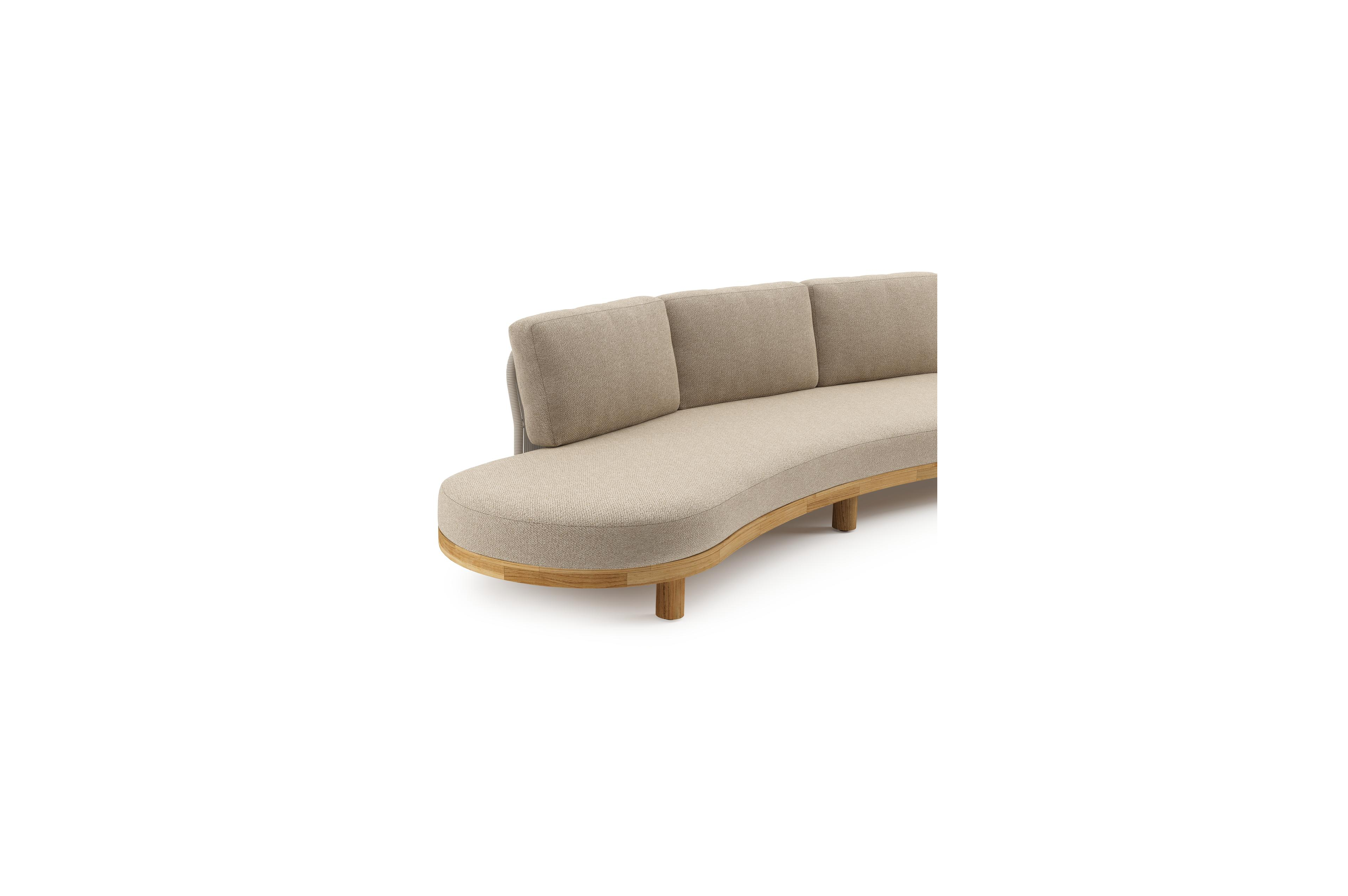 Donato loungehoek in teak en beige verticaal geweven ronde rope met all weather cosytica Madagascar Oak kussen