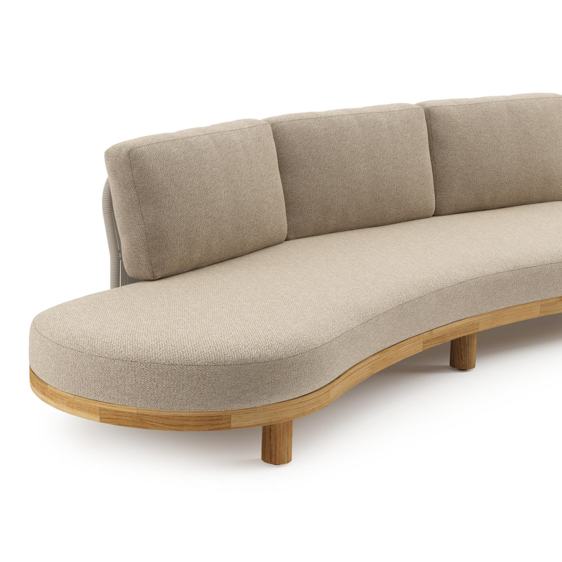 Donato loungehoek in teak en beige verticaal geweven ronde rope met all weather cosytica Madagascar Oak kussen