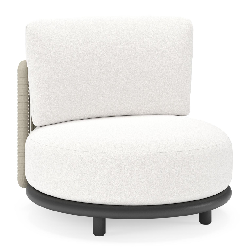 Fauteuil de jardin Lomano en aluminium noir et corde luxe plate tissée verticalement beige et coussins en all weather solica Soul Optik