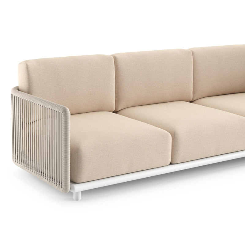 Organo loungebank in wit aluminium en beige verticaal geweven luxe vlakke rope met heritage papyrus all weather Sunbrella® luxe kussen