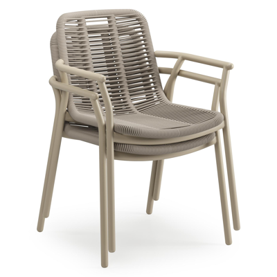 Mira tuinset in beige aluminium en teak met 8 stapelbare Berga tuinstoelen