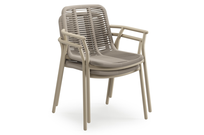 Mira tuinset in beige aluminium en teak met 8 stapelbare Berga tuinstoelen