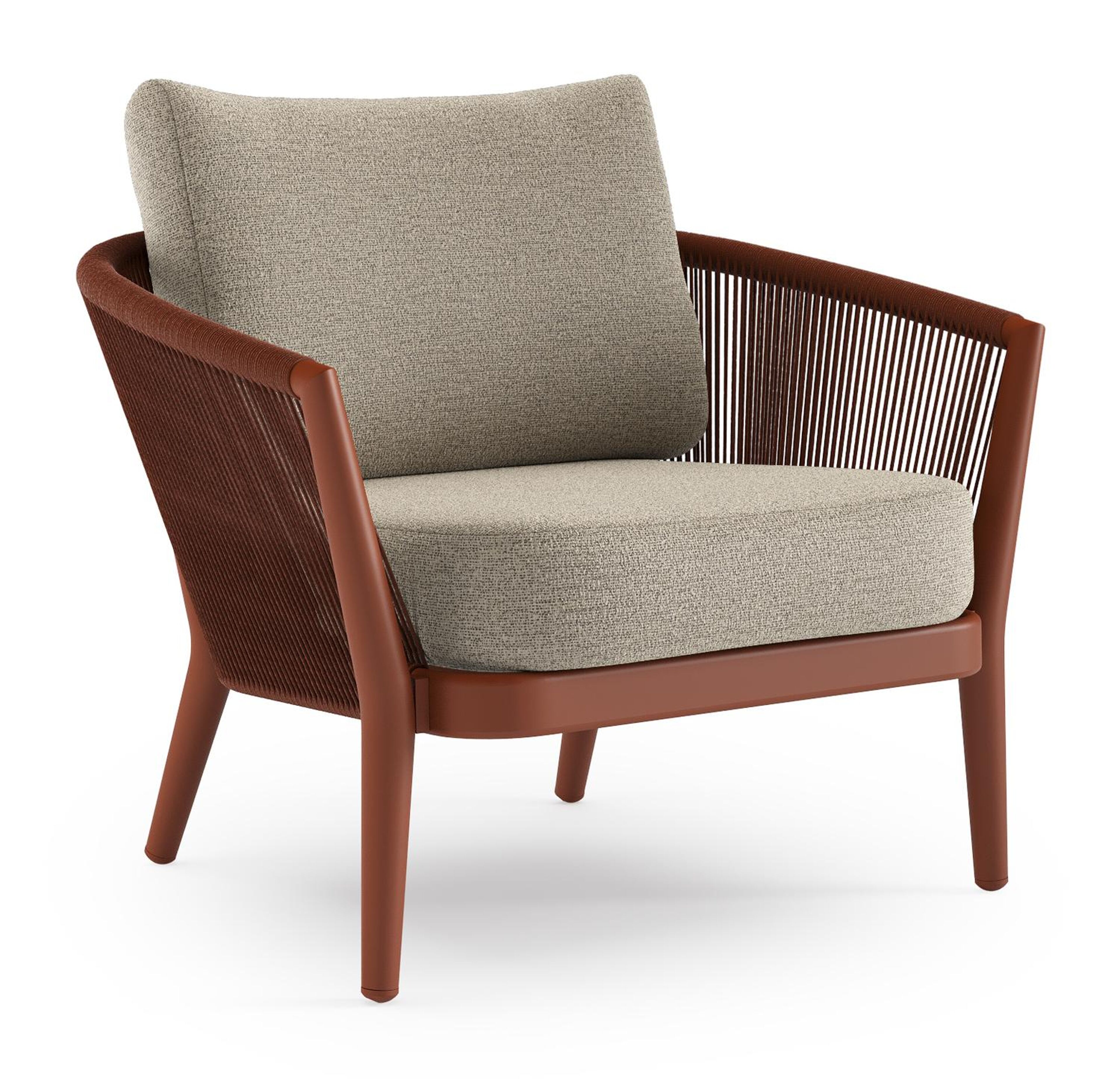 Orso loungestoel in roestbruin aluminium en roestbruin verticaal geweven ronde rope met Catania Beige all weather cosytica kussen