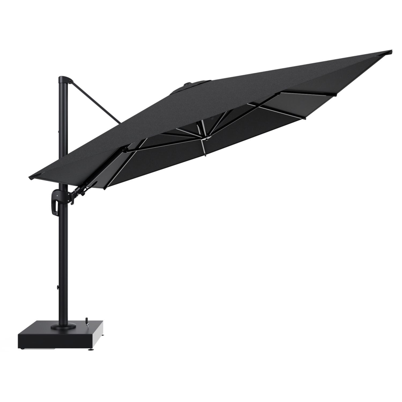Rufina zweefparasol met tiltfunctie in zwart aluminium en Chartres Sooty All Weather Sunbrella® Luxe parasoldoek - L1 400 x L2 300 cm met parasolvoet Minore 150 kg met wielen