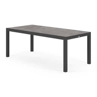 Oviedo tuinset met verlengbare tafel in zwart aluminium en grijs keramische print tafelblad met 8 stapelbare Bahia tuinstoelen