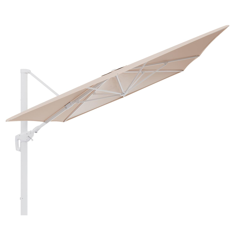 Parasol pendant Minore avec fonction tilt en aluminium blanc et toile de parasol en All Weather Sunbrella® Luxe Natte Linen Chalk - Lg.1 400 x Lg.2 300 cm (sans pied de parasol)