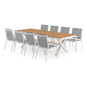 Reza tuinset in wit aluminium en teak tafelblad met 8 stapelbare Amalfi tuinstoelen