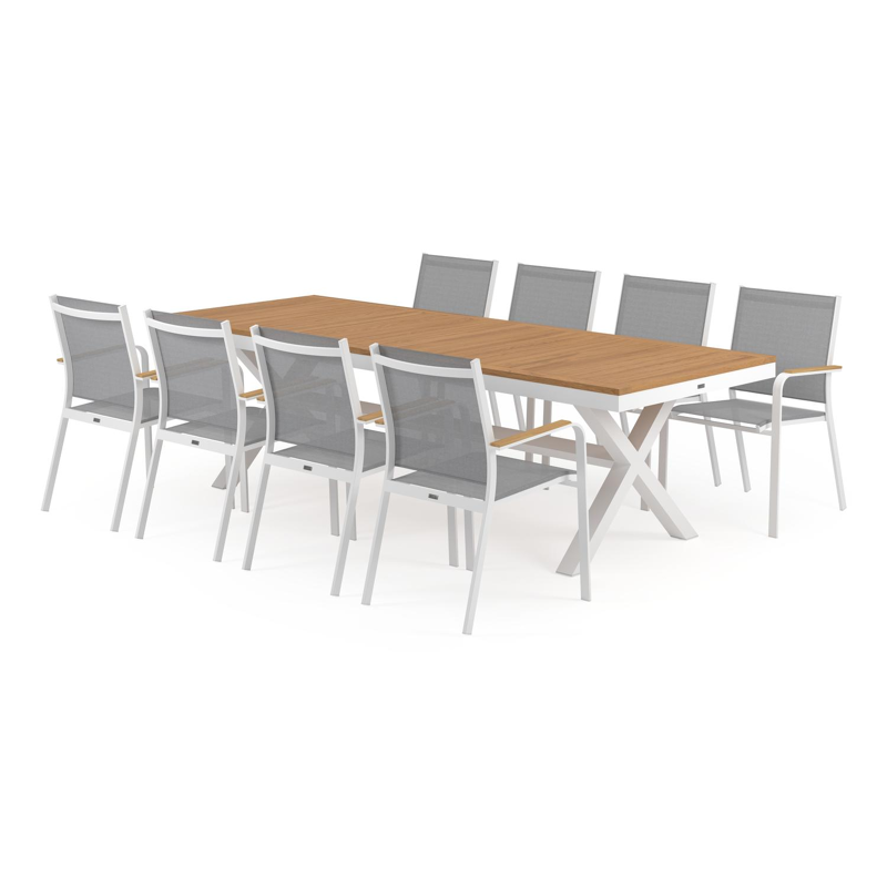 Reza tuinset in wit aluminium en teak tafelblad met 8 stapelbare Amalfi tuinstoelen
