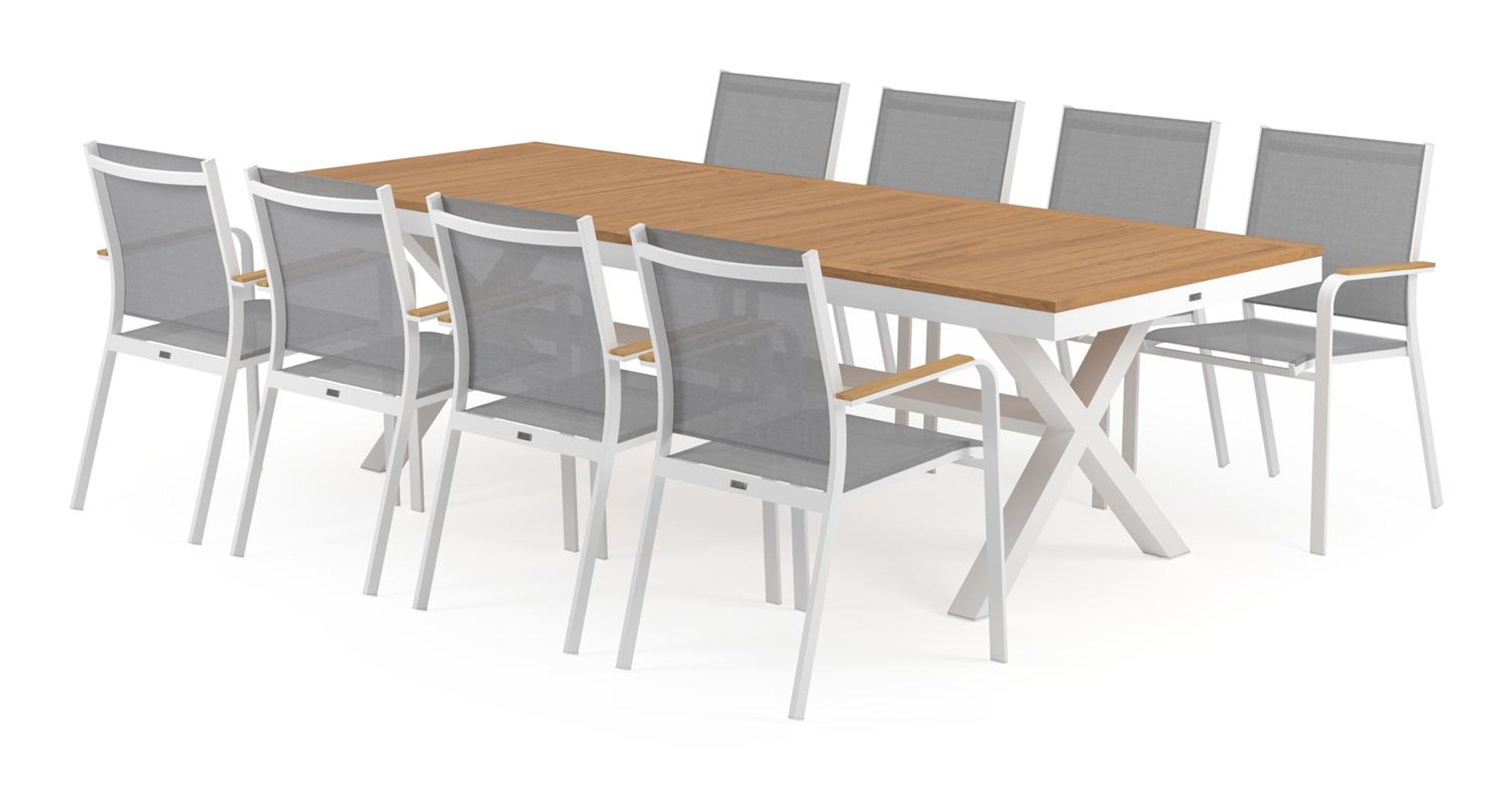 Reza tuinset in wit aluminium en teak tafelblad met 8 stapelbare Amalfi tuinstoelen
