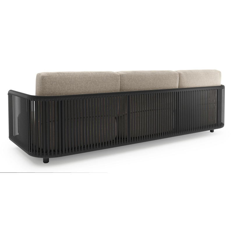 Organo loungeset in zwart aluminium en zwart verticaal geweven luxe vlakke rope met chartres pewter all weather Sunbrella® luxe kussen