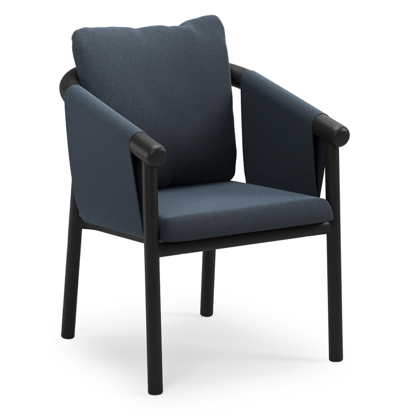 Chaise de jardin empilable Amico en aluminium noir et aluminium noir avec coussin en All Weather Sunbrella® Luxe Heritage Indigo