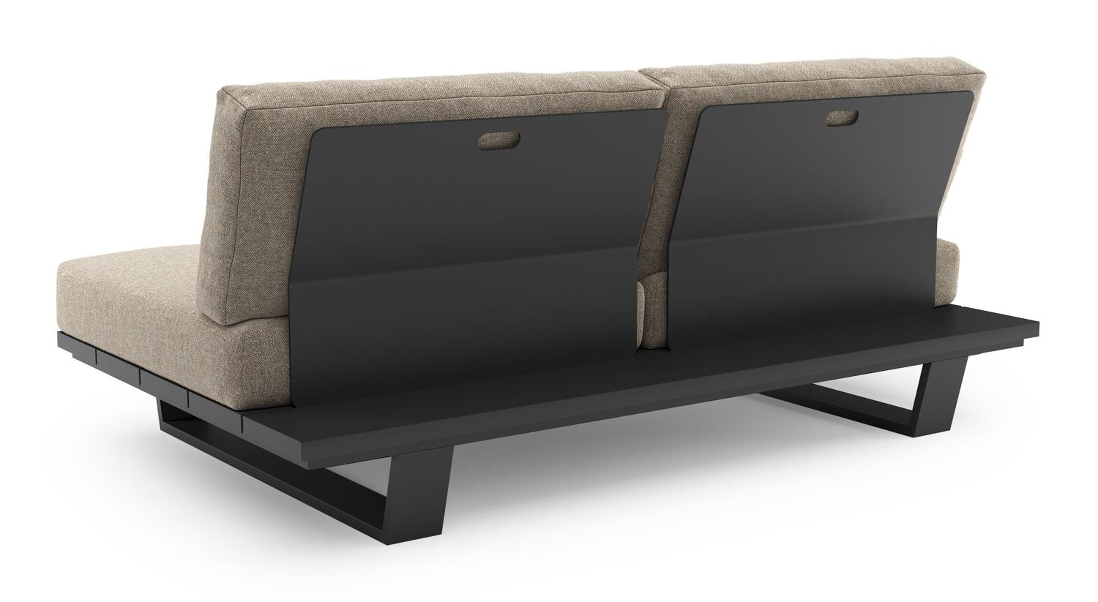 Canapé de jardin Pagino en aluminium noir et coussins en all weather sunbrella® luxe chartres pewter