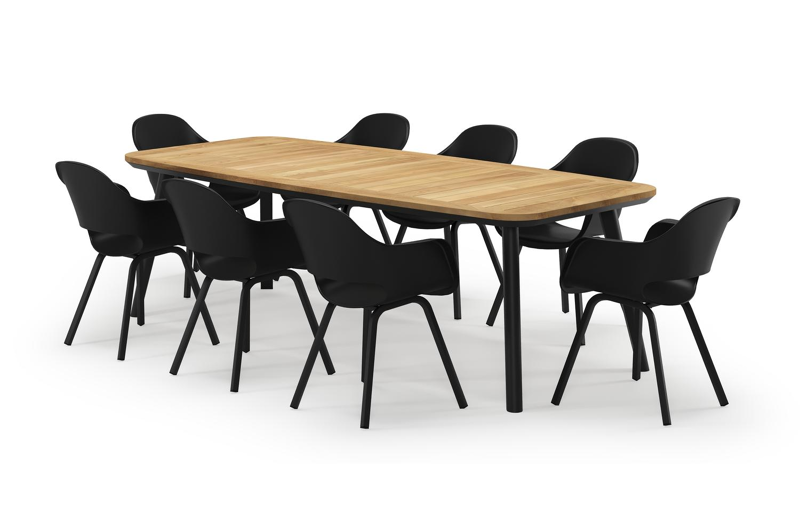 Mosa bootvormige tuinset in zwart aluminium en teak natural finish met 8 Artena tuinstoelen