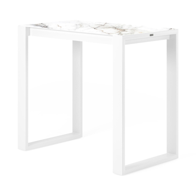 Table de bar Verato en aluminium blanc et céramique pleine calacatta luxe - Lg 120 x Larg. 70 x H 106 cm