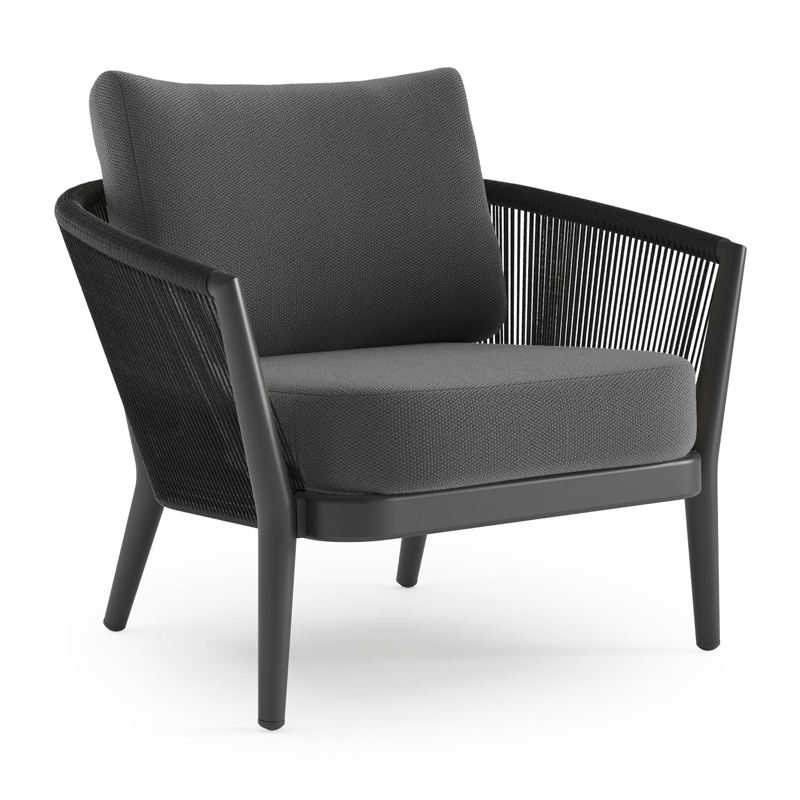Orso loungestoel in zwart aluminium en zwart verticaal geweven ronde rope met Lopi Shadow all weather sunbrella® luxe kussen