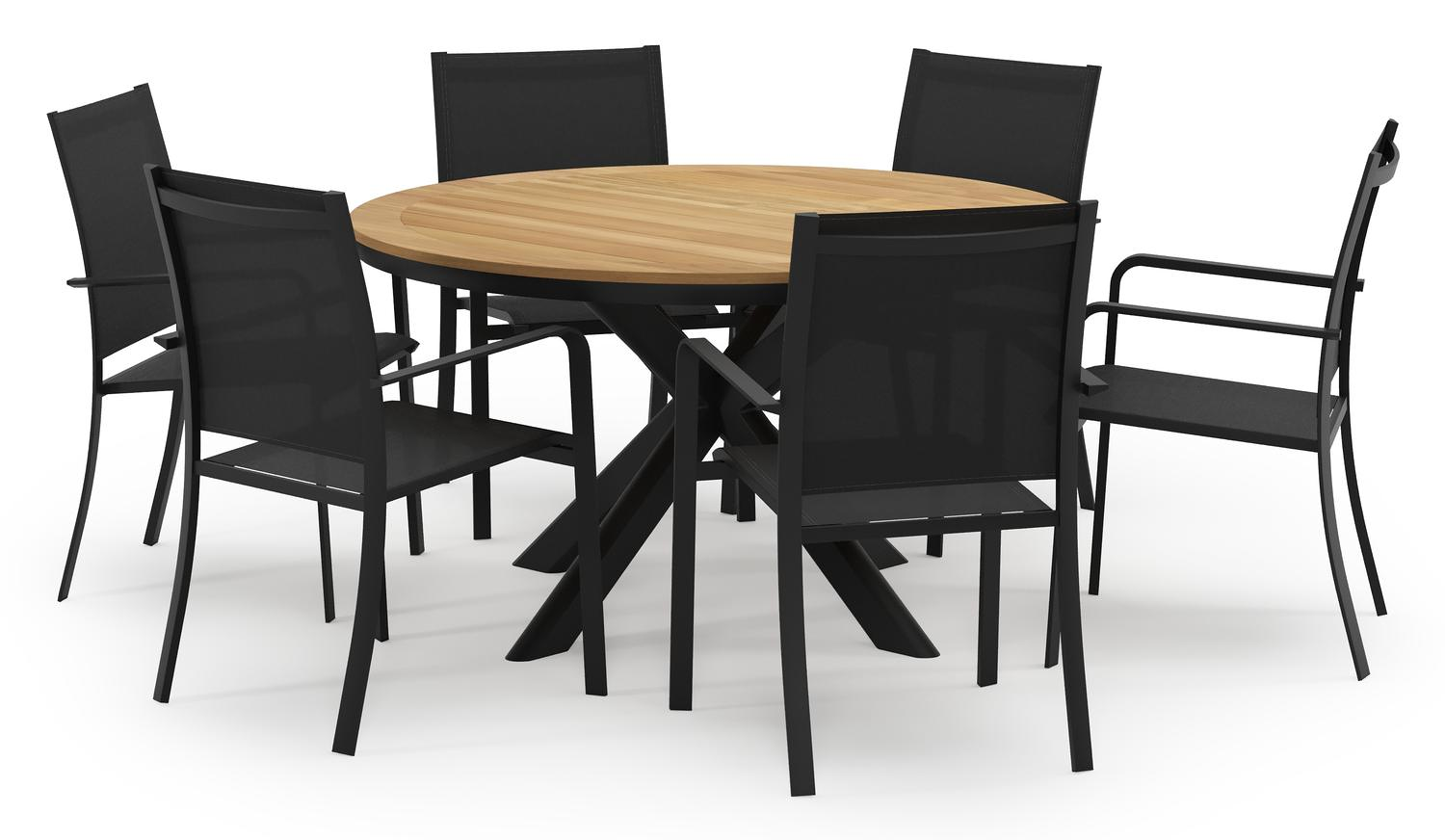 Pamplona ronde tuinset in zwart aluminium en teak naturel met 6 Calobra tuinstoelen