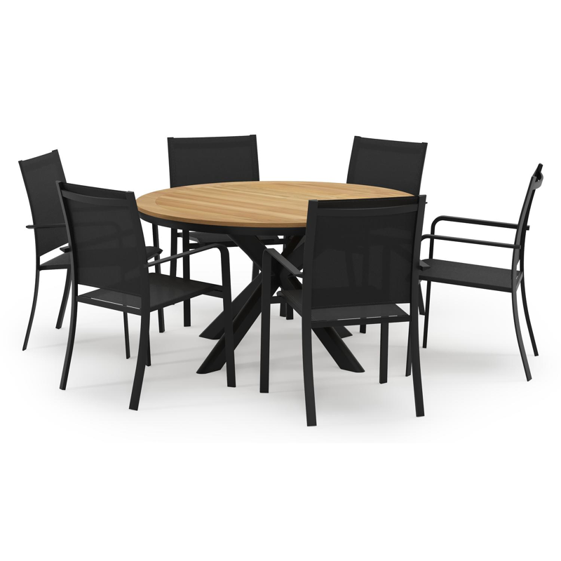 Pamplona ronde tuinset in zwart aluminium en teak naturel met 6 Calobra tuinstoelen