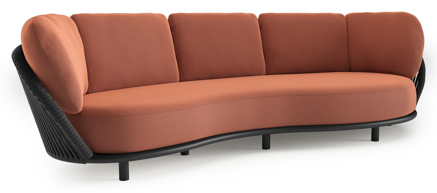 Lupino loungebank in zwart aluminium en zwart verticaal geweven luxe vlakke brede rope met heritage rust all weather sunbrella® luxe kussen