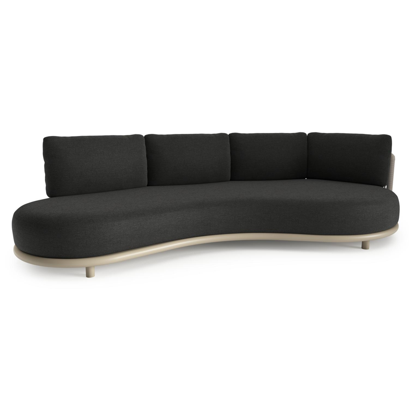 Lomano loungebank in beige aluminium en beige verticaal geweven luxe vlakke rope met chartres sooty all weather sunbrella® luxe kussen