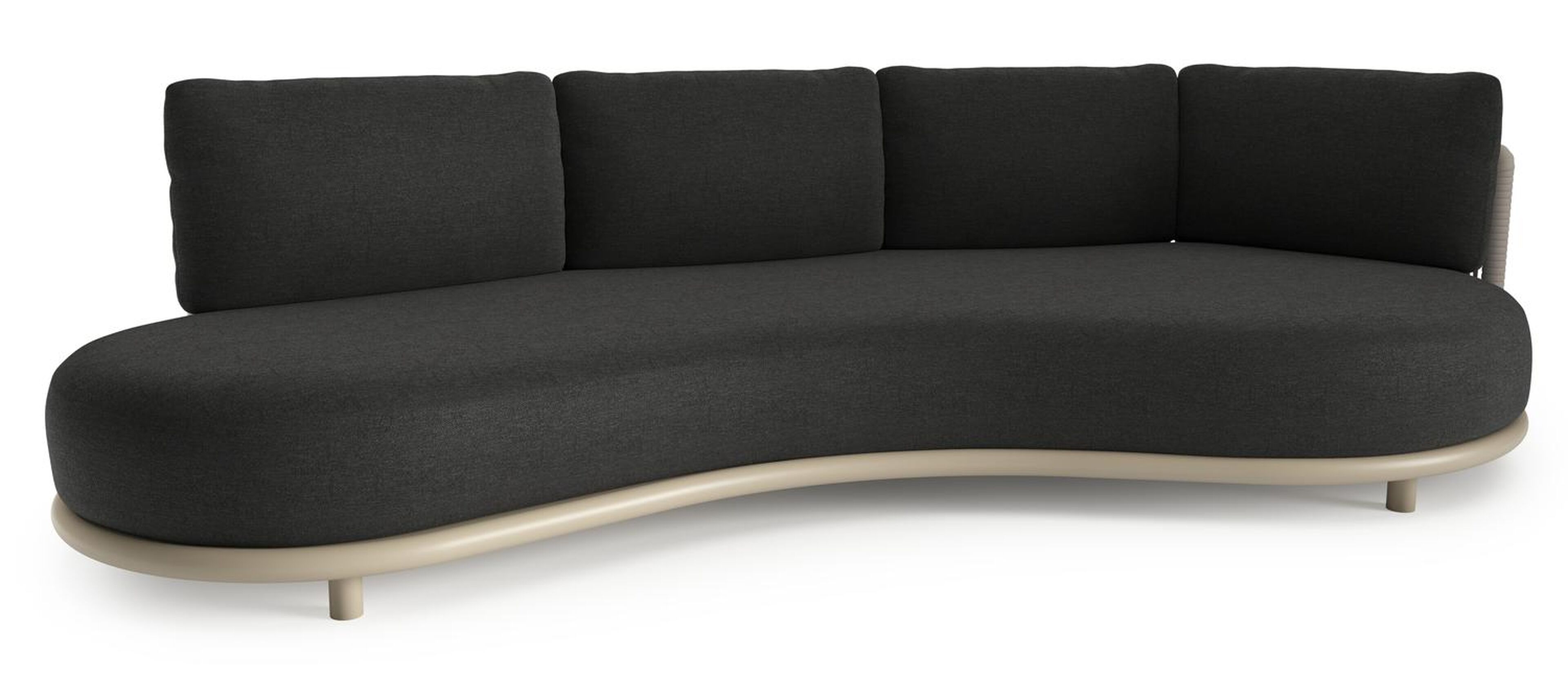 Lomano loungebank in beige aluminium en beige verticaal geweven luxe vlakke rope met chartres sooty all weather sunbrella® luxe kussen