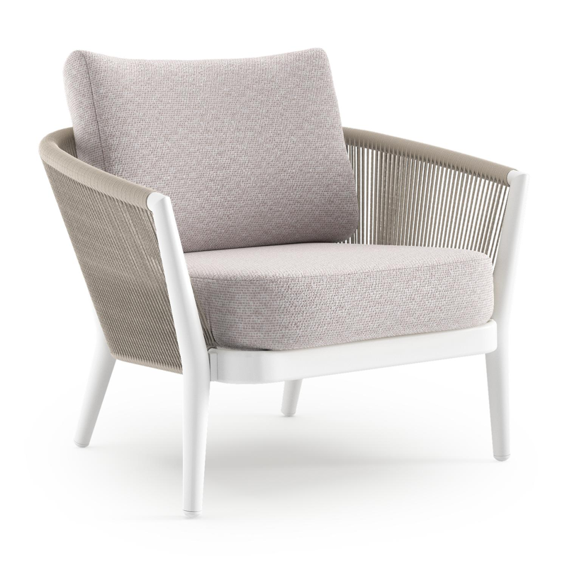 Fauteuil de jardin Orso en aluminium blanc en corde ronde tissée verticalement beige et coussins en all weather sunbrella® luxe Wander Gobi