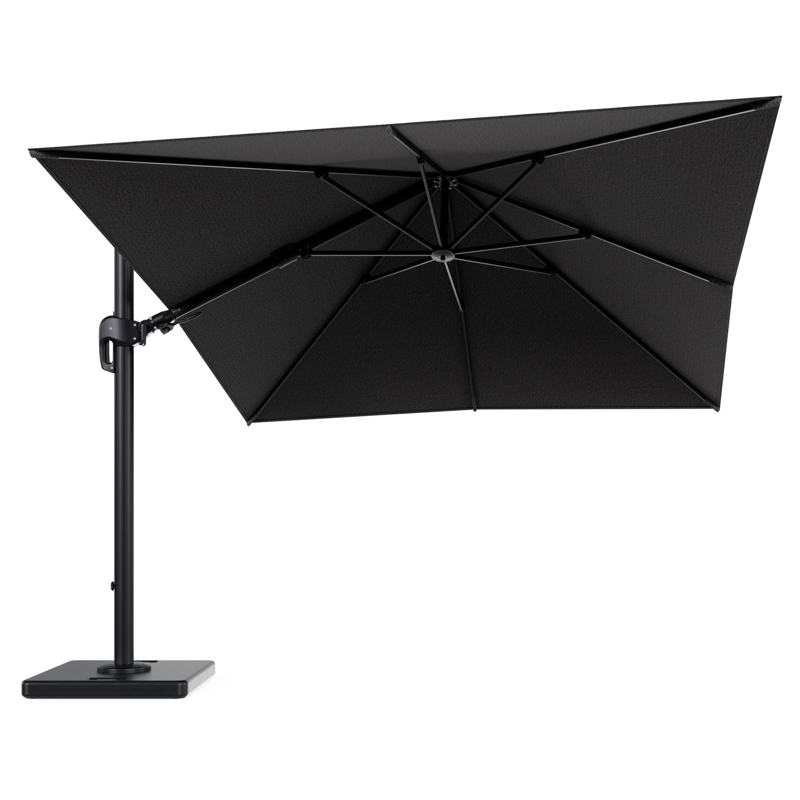 Parasol pendant Rufina avec fonction tilt en aluminium noir et toile de parasol en All Weather Solica Firenze Tunder - Lg.1 300 x Lg.2 300 cm avec pied de parasol Lapido 120 kg