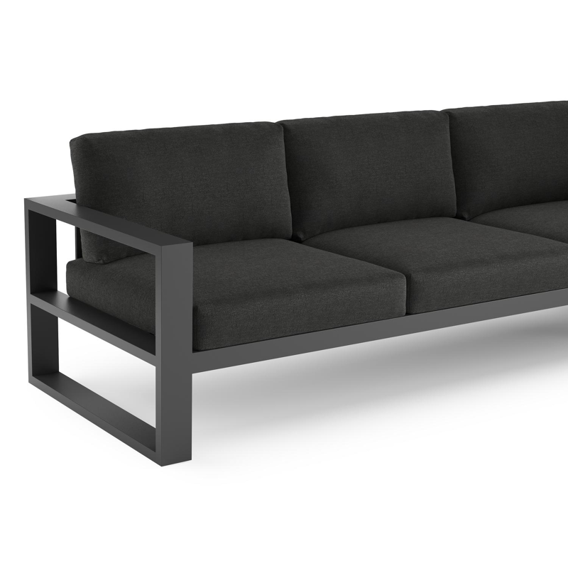 Salon de jardin d'angle Verato en aluminium noir et coussins en all weather sunbrella® luxe chartres sooty