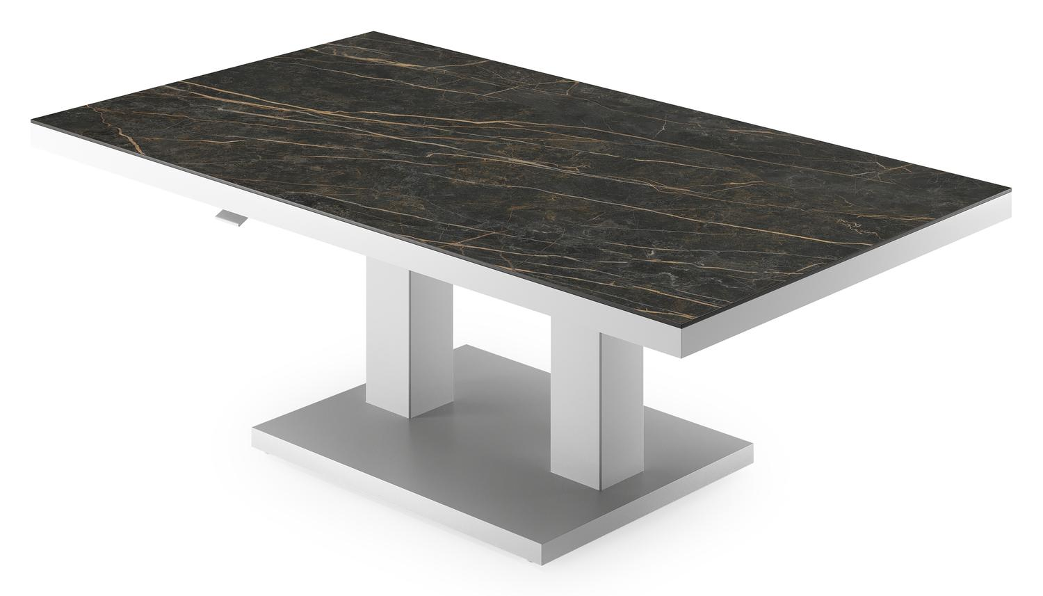 Cirello pop-up loungetafel rechthoekig in wit aluminium en volkeramiek Black Obsession - L 140 x B 80 x H 71 cm