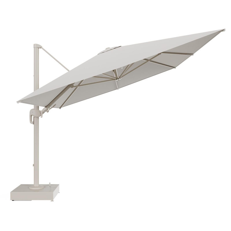Rufina zweefparasol met tiltfunctie in beige aluminium en Lopi Marble All Weather Sunbrella® Luxe parasoldoek - L1 400 x L2 300 cm met parasolvoet Minore 150 kg met wielen