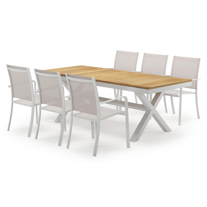 Reza rechthoekige tuinset in wit aluminium en teak natural finish met 6 Calobra tuinstoelen