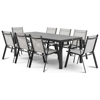 Toma tuinset in zwart aluminium met tafelblad in glas met 8 stapelbare Oviedo tuinstoelen