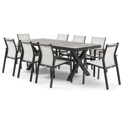 Bahia tuinset in zwart aluminium en grijs keramische print tafelblad met 8 stapelbare Bahia tuinstoelen