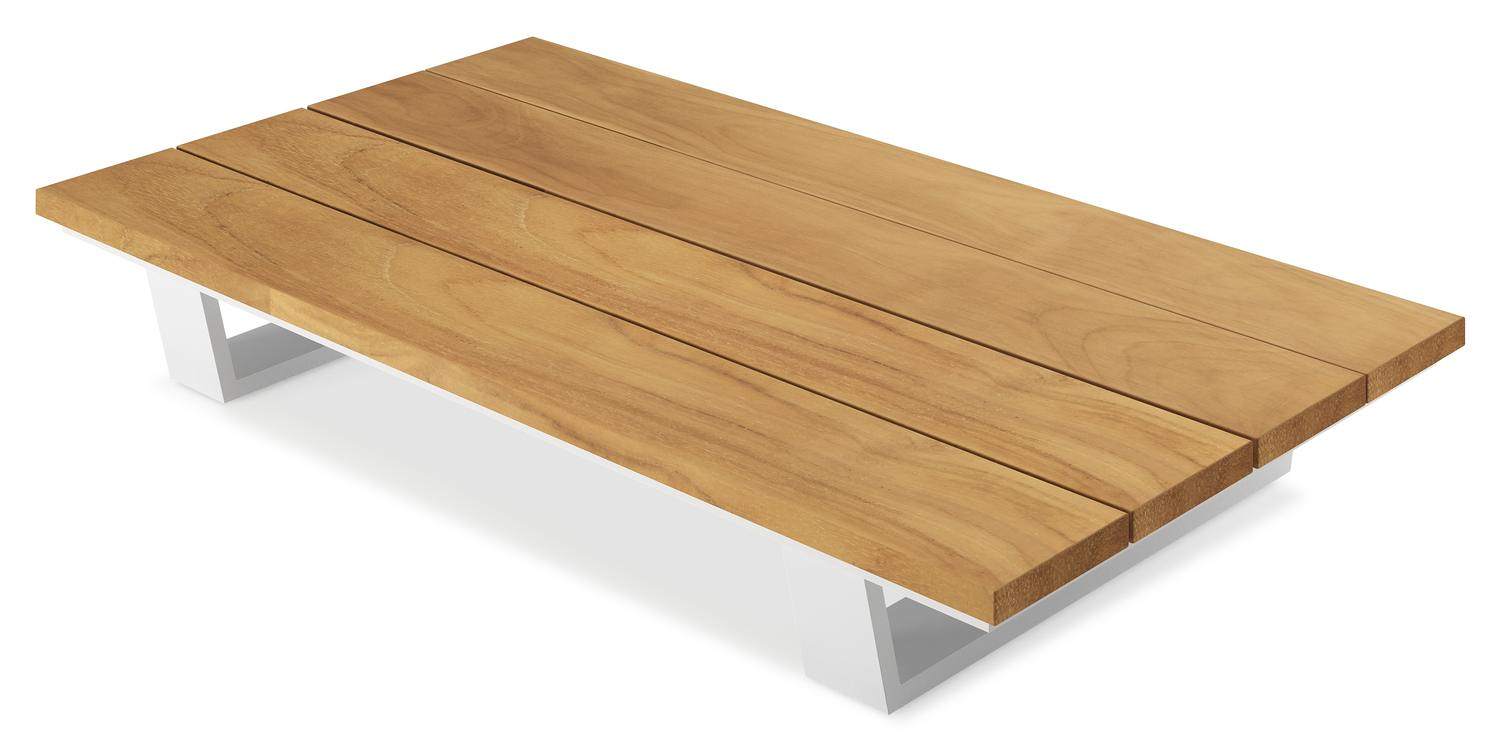 Table basse Pagino en aluminium blanc et teck naturel - Lg 140 x larg. 79,5 x H 21 cm