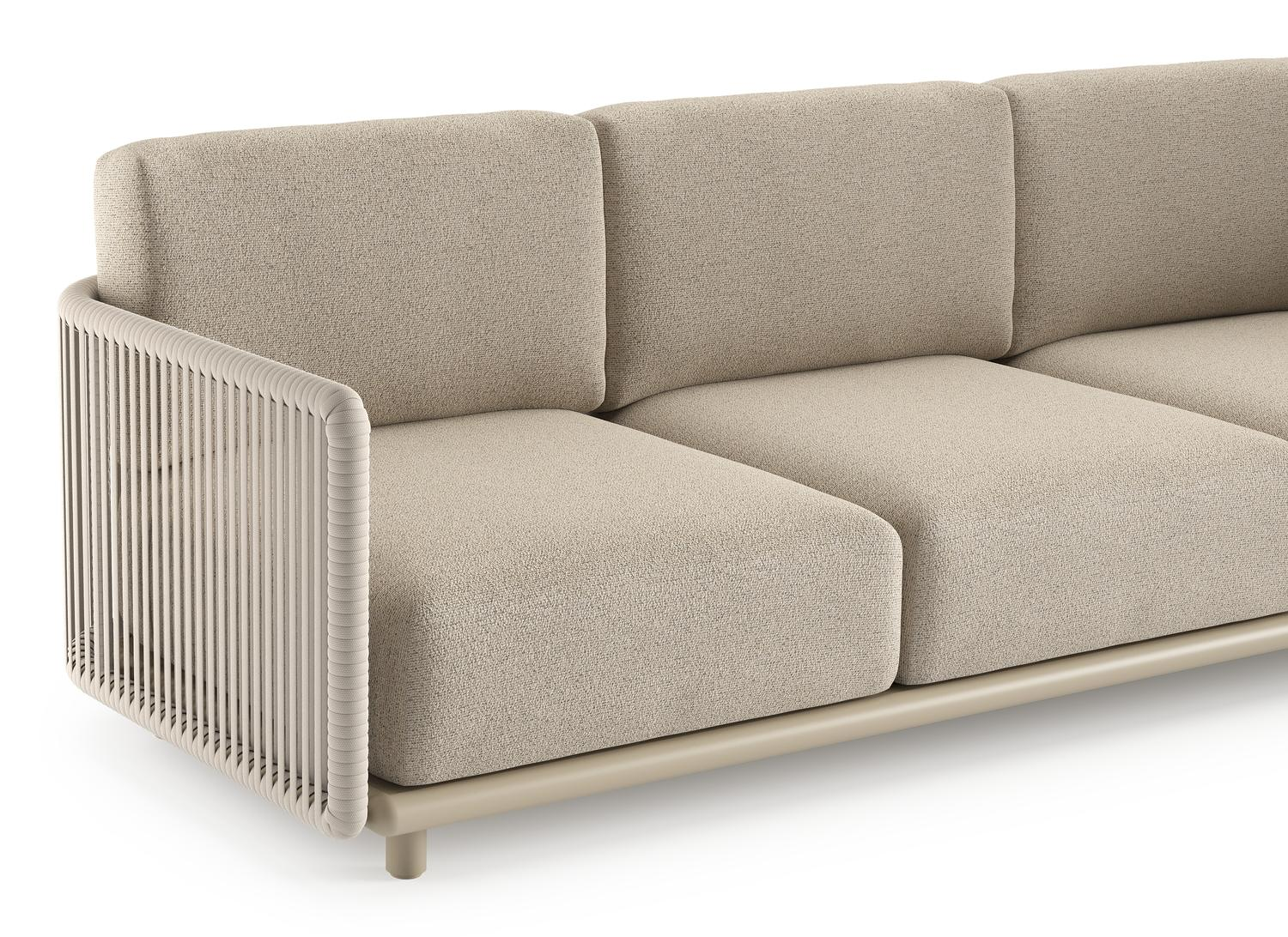 Organo loungeset in beige aluminium en beige verticaal geweven luxe vlakke rope met marbella beige All Weather Cosytica kussens