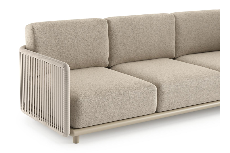 Organo loungeset in beige aluminium en beige verticaal geweven luxe vlakke rope met marbella beige All Weather Cosytica kussens