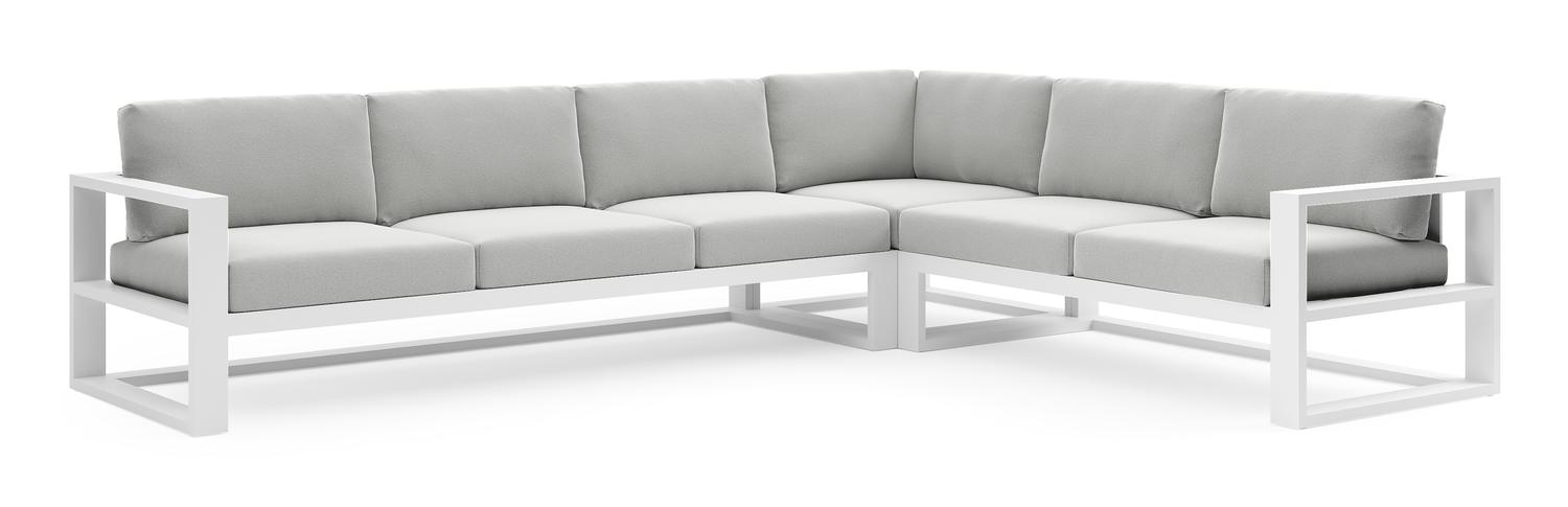 Verato loungehoek in wit aluminium met natte grey chine all weather sunbrella® luxe kussen