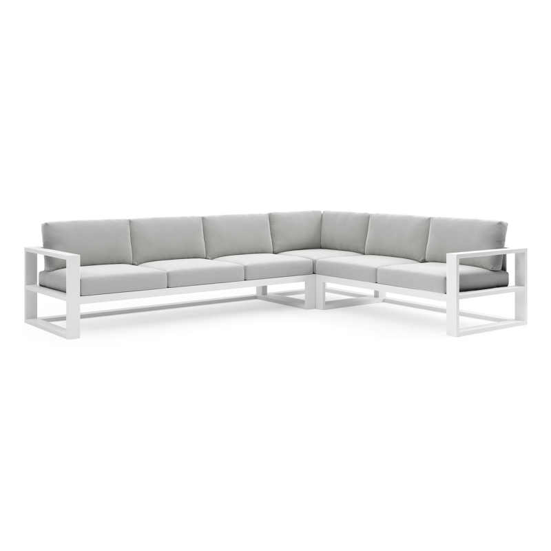 Verato loungehoek in wit aluminium met natte grey chine all weather sunbrella® luxe kussen