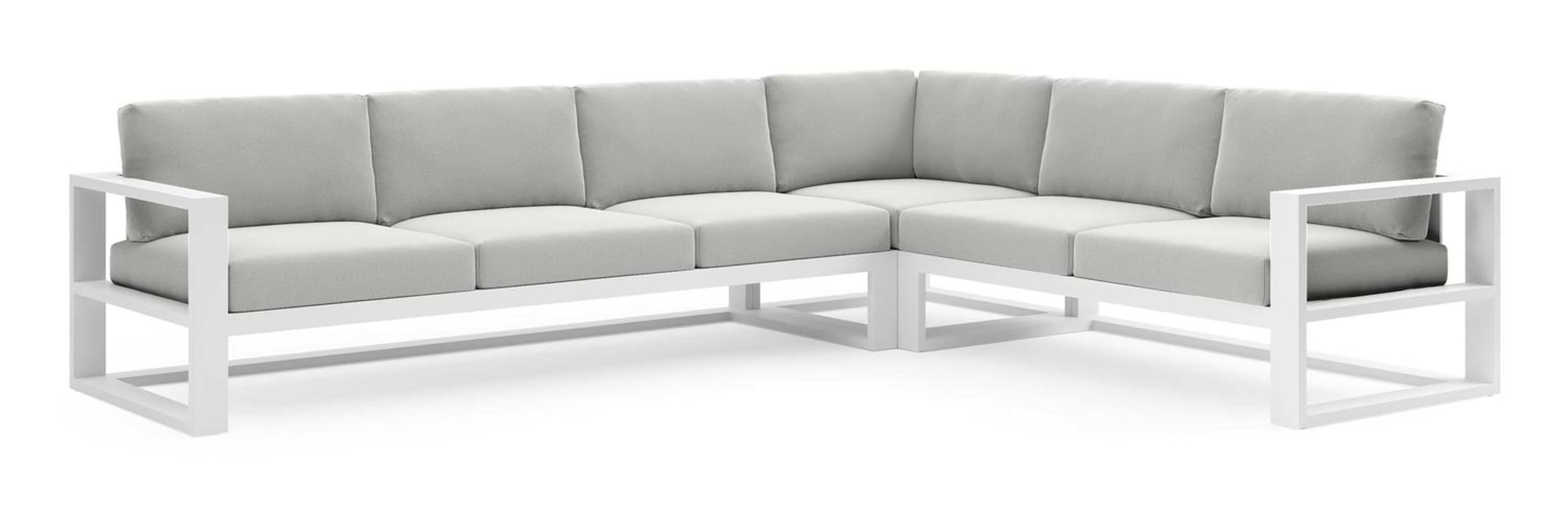 Verato loungehoek in wit aluminium met natte grey chine all weather sunbrella® luxe kussen