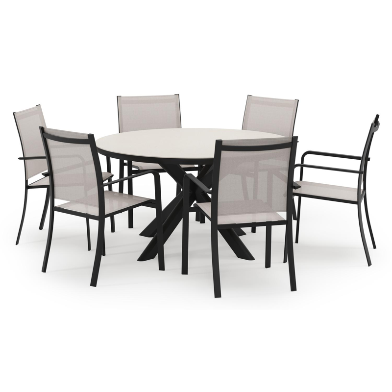 Pamplona ronde tuinset in zwart aluminium en sintered stone crema minerale met 6 Calobra tuinstoelen