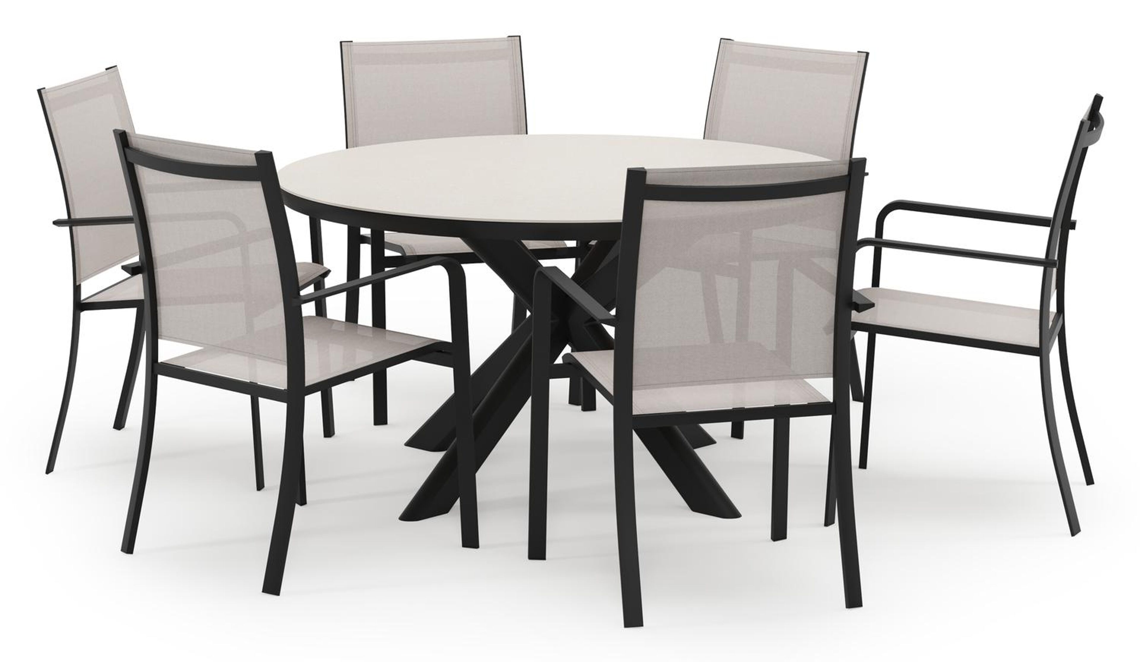 Pamplona ronde tuinset in zwart aluminium en sintered stone crema minerale met 6 Calobra tuinstoelen