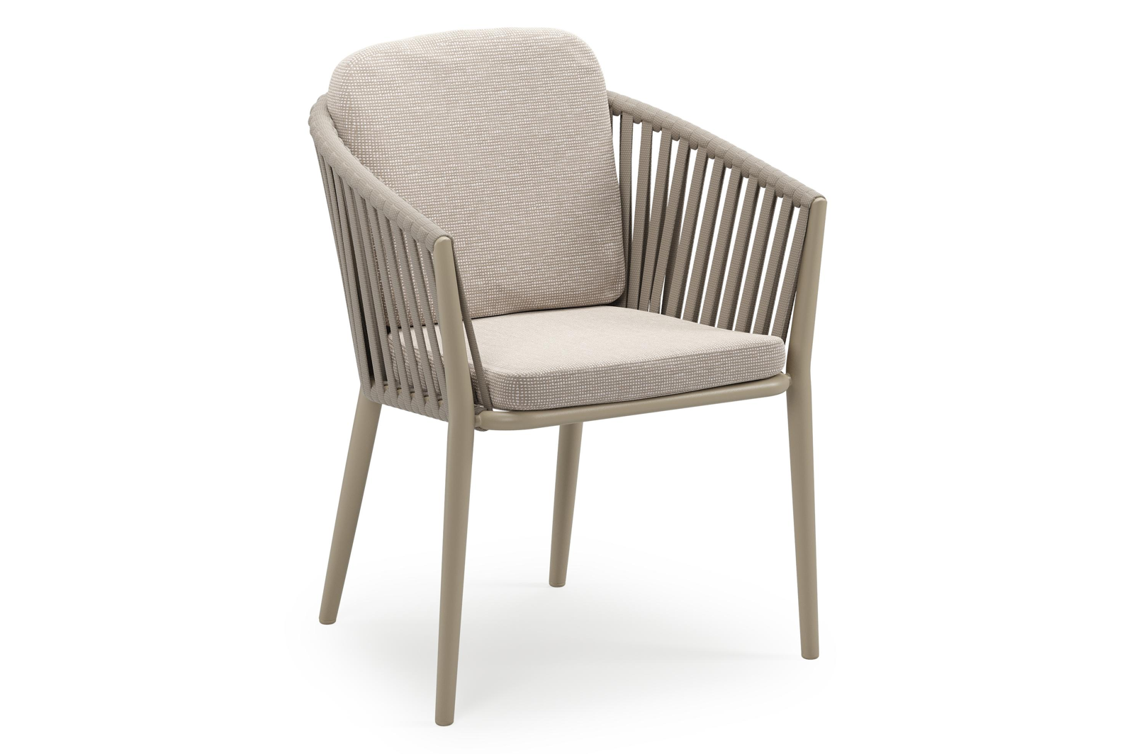 Chaise de jardin empilable Orso en aluminium beige et corde large plate de luxe tissée verticalement beige avec coussin en All Weather Sunbrella® Luxe Slow Farafra