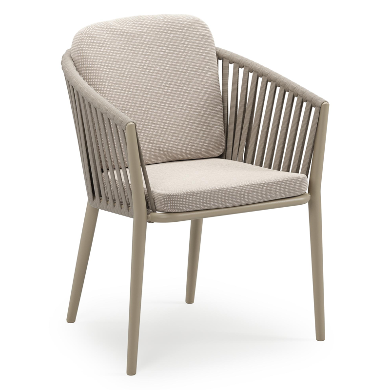 Chaise de jardin empilable Orso en aluminium beige et corde large plate de luxe tissée verticalement beige avec coussin en All Weather Sunbrella® Luxe Slow Farafra