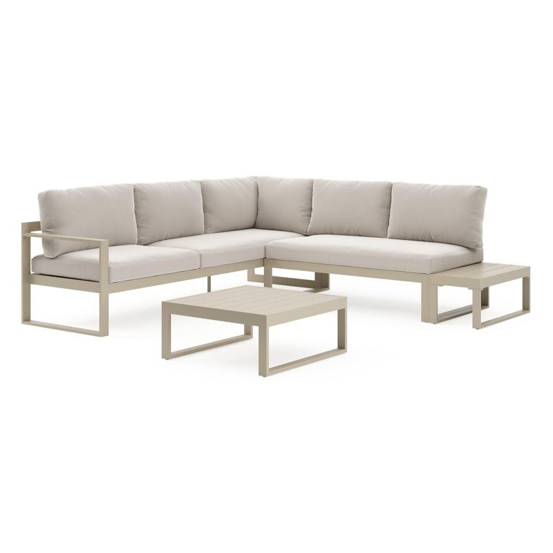 Caldela loungehoek in beige aluminium met beige weather+ softtouch kussens en loungetafel