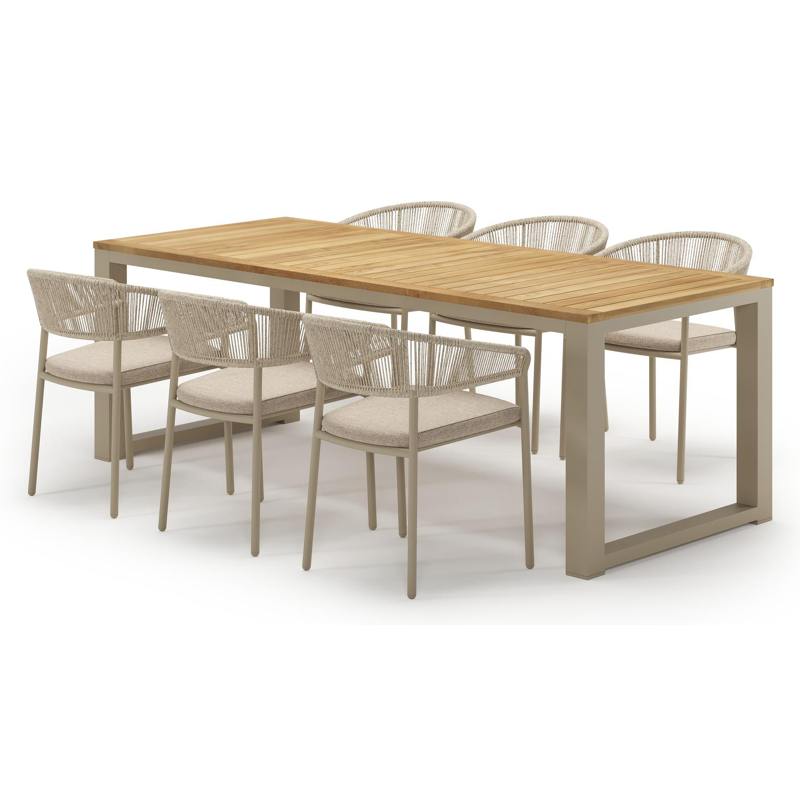 Livo tuinset in beige aluminium en teak met 6 stapelbare Zamora tuinstoelen
