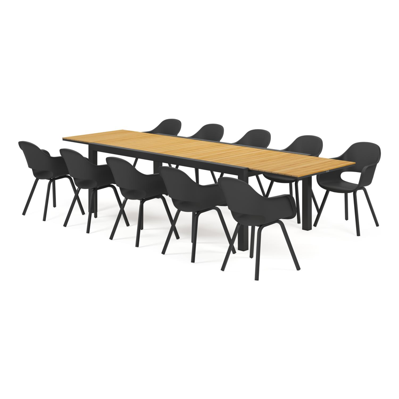 Ensemble de jardin Calobra avec table extensible en aluminium noir avec plateau de table en teck naturel et 10 chaises de jardin Artena
