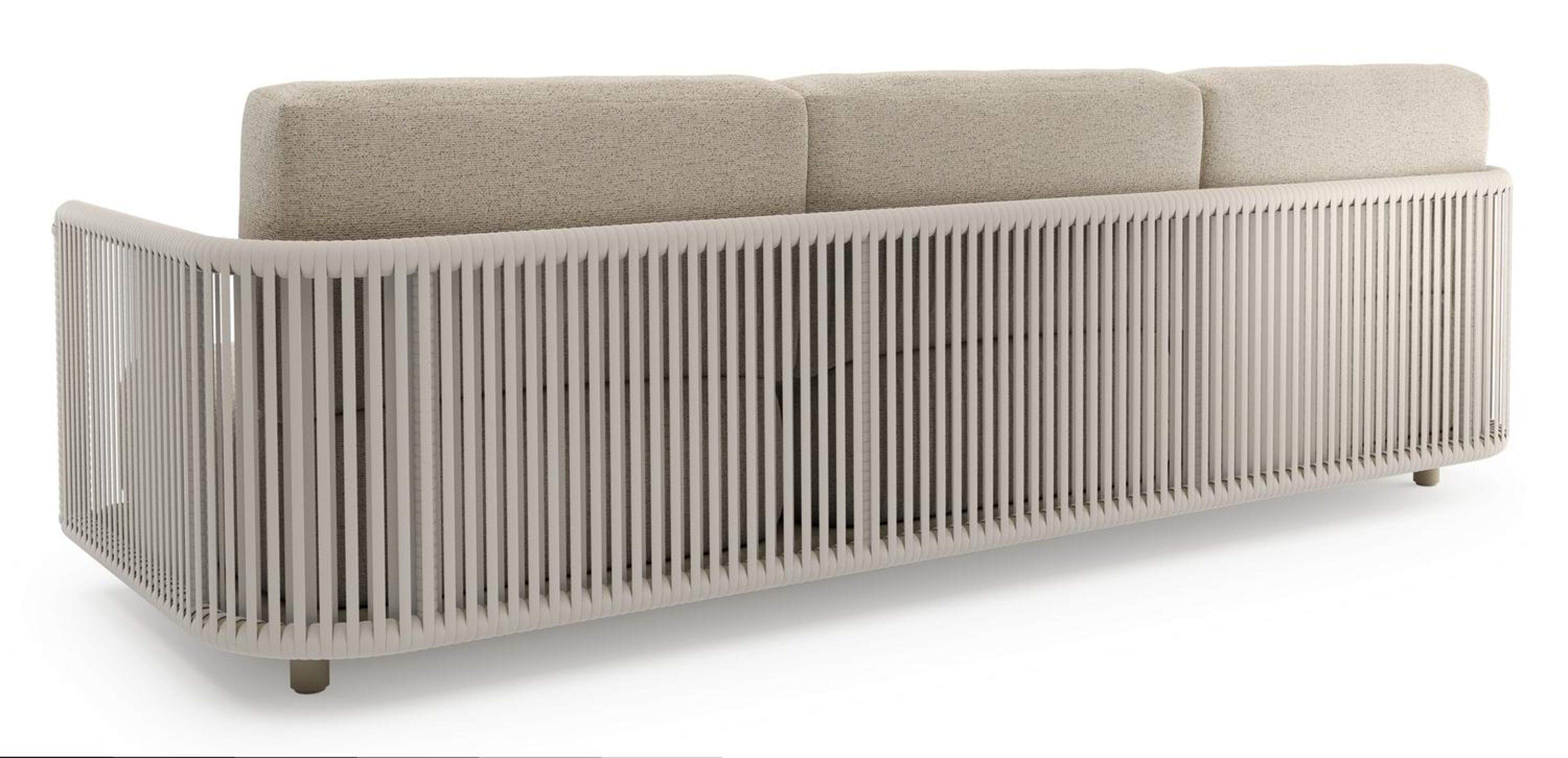 Organo loungeset in beige aluminium en beige verticaal geweven luxe vlakke rope met marbella beige All Weather Cosytica kussens